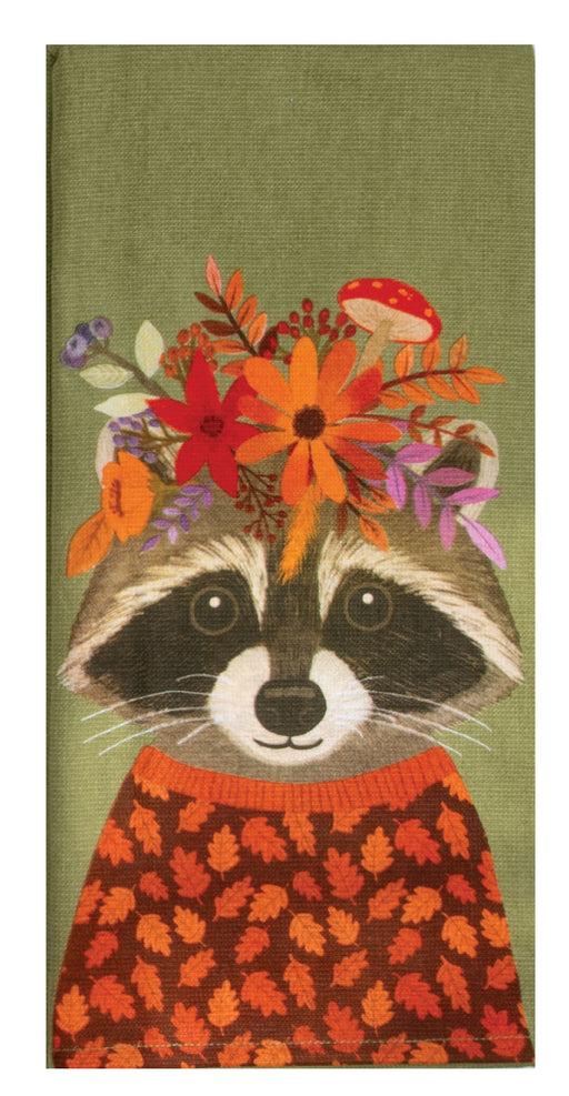 Raccoon illustration with autumn-themed elements on a green background