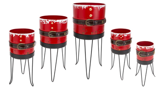 Set of red and black decorative pots with belt-like bands on a white background