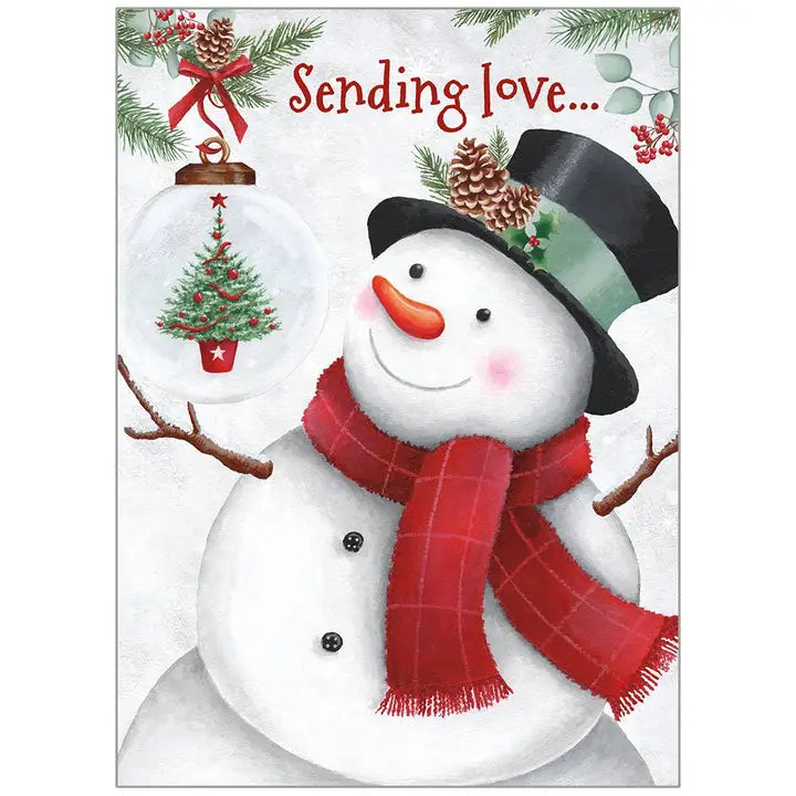 Christmas card with a snowman wearing a red scarf and top hat, surrounded by festive elements.