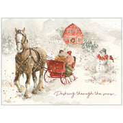 Vintage-style Christmas card with horse-drawn sleigh, people, and snowman in a snowy landscape.