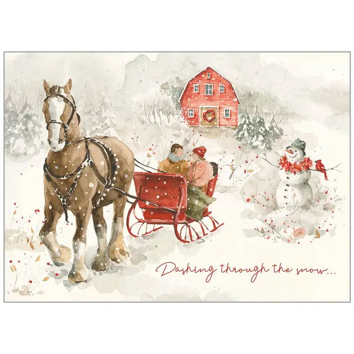 Vintage-style Christmas card with horse-drawn sleigh, people, and snowman in a snowy landscape.