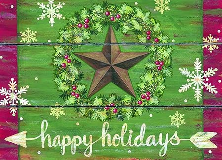 Decorative sign with a star, wreath, and 'happy holidays' text on a wooden background.