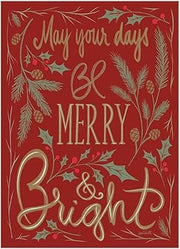 Red Christmas-themed card with gold text and holly leaves on a red background