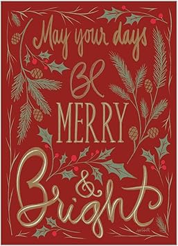 Red Christmas-themed card with gold text and holly leaves on a red background