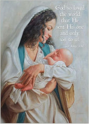 Painting of a woman holding a baby with a religious quote on a light background