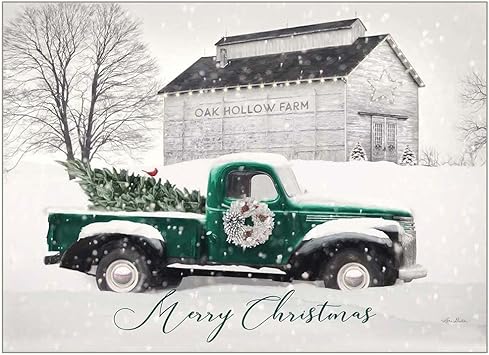 Vintage green truck with Christmas tree in front of a barn labeled 'Oak Hollow Farm' on a snowy day.