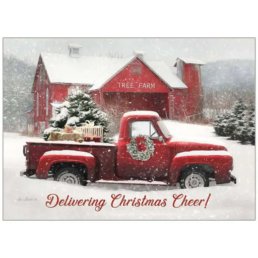 Red pickup truck with Christmas tree and wreath in front of a red barn labeled 'Tree Farm' on a snowy day.
