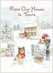 Christmas card with a dog, house, and mailbox in a snowy landscape.