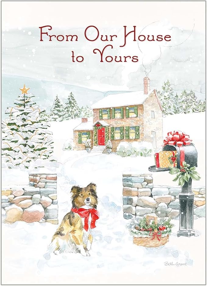 Christmas card with a dog, house, and mailbox in a snowy landscape.