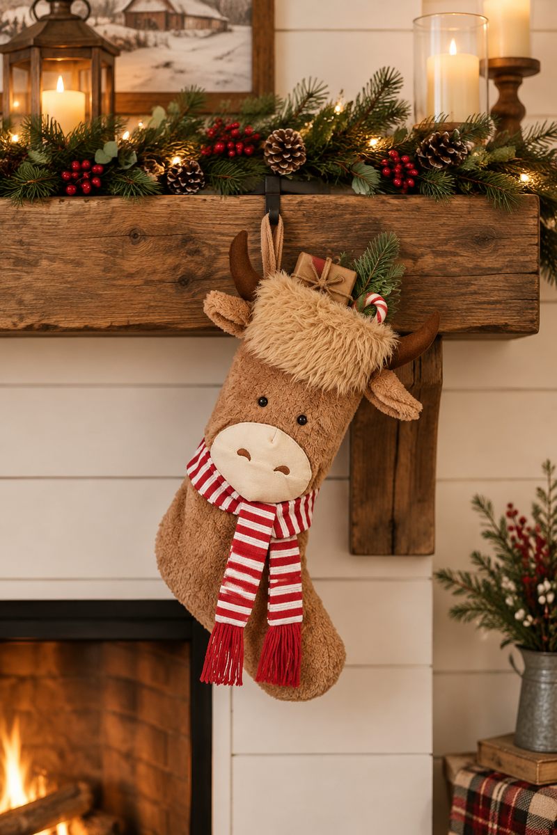 A plush reindeer Christmas stocking with a red and white striped scarf and small gift box, hanging from a rustic wooden mantel decorated with evergreen garland, pinecones, and candles.