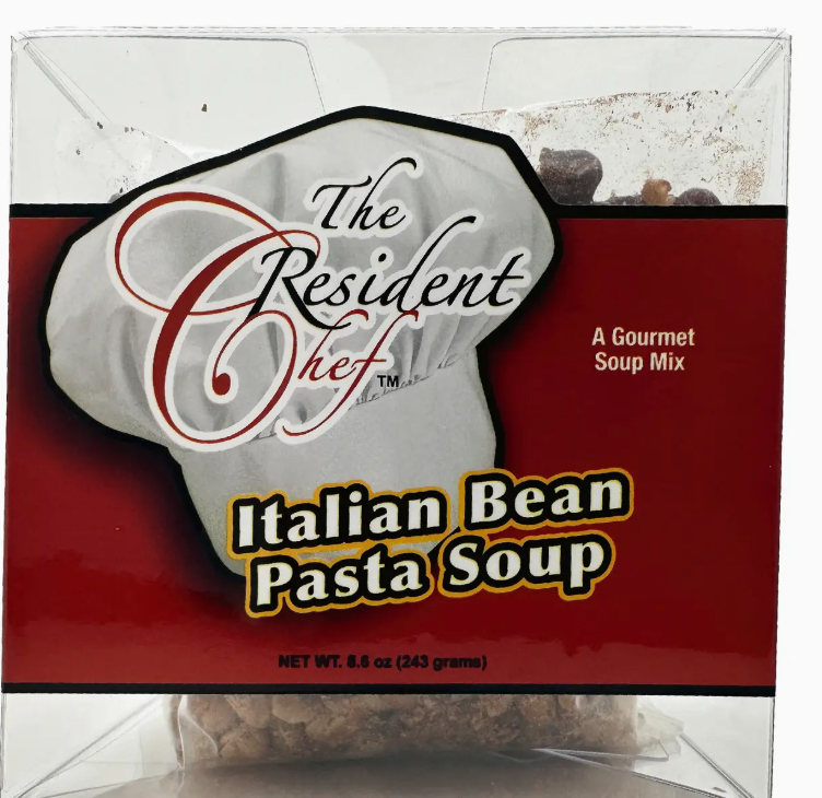 Package of The Resident Chef Italian Bean Pasta Soup with visible branding and product name.