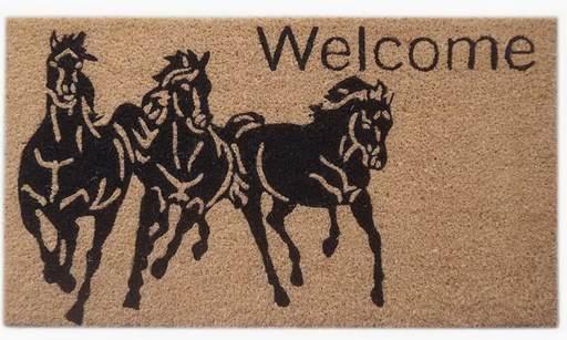 Doormat with black horse illustrations and 'Welcome' text on a brown background