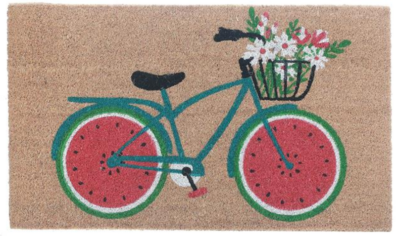 Doormat with a bicycle design featuring watermelon slices and a basket of flowers on a beige background.