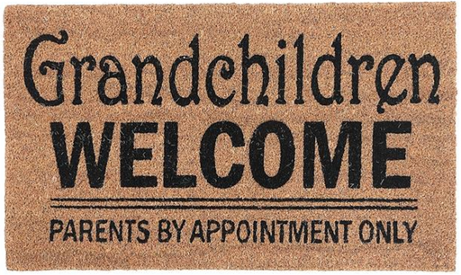 Doormat with 'Grandchildren Welcome, Parents by Appointment Only' text on a natural background