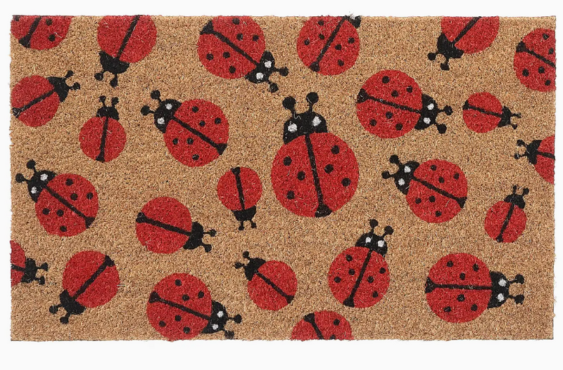 Doormat with red ladybug pattern on a beige background
