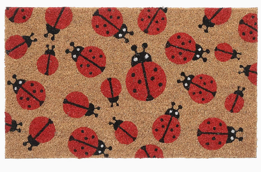 Doormat with red ladybug pattern on a beige background