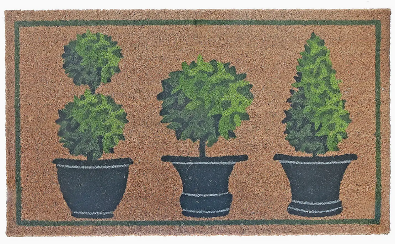 Doormat with three potted plants design on a brown background