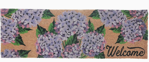 Doormat with purple flower pattern and 'Welcome' text on a beige background
