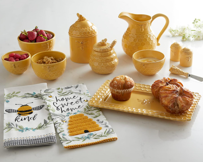 Ceramic Honey Pot & Dipper -  Honeycomb