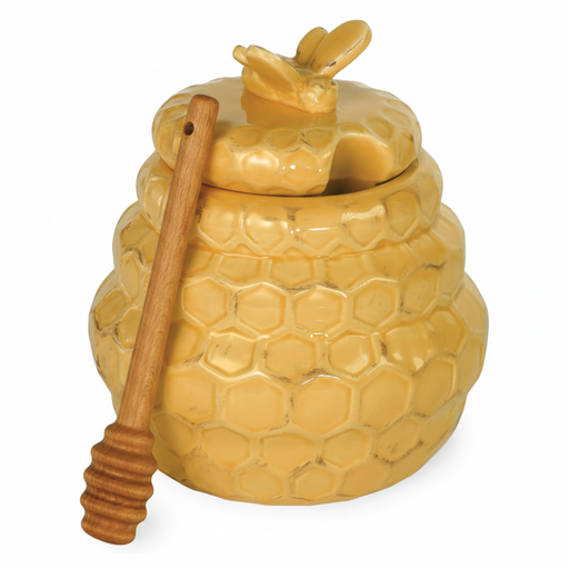 Yellow honey jar with a bee and honeycomb design on a white background