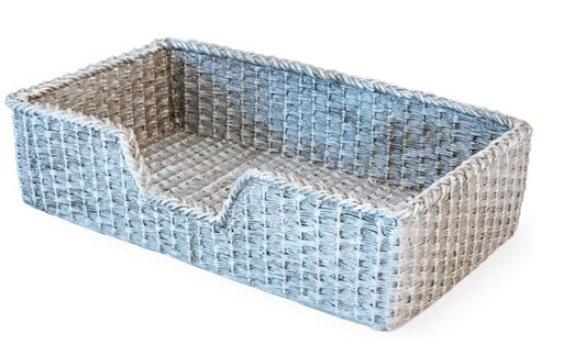 Woven pet bed with blue and gray pattern on a white background
