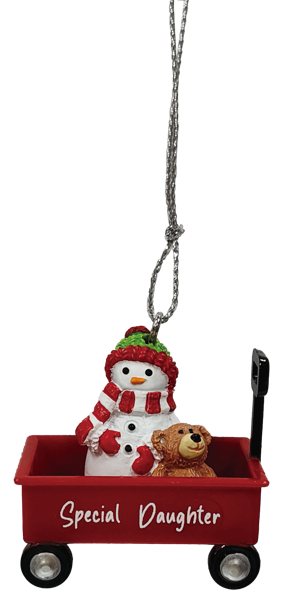 Decorative ornament with a snowman and teddy bear in a red wagon labeled 'Special Daughter' on a white background.