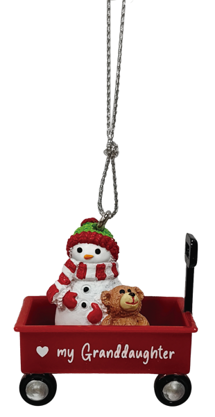 Christmas ornament with snowman in a red wagon carrying a teddy bear, labeled 'my granddaughter'.