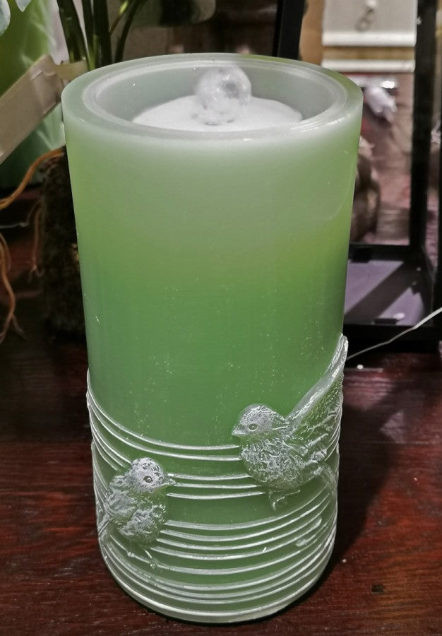 A green cylindrical candle with a frosted lower section featuring two raised bird motifs and horizontal ridges, shown on a dark wooden surface with a blurred indoor background.