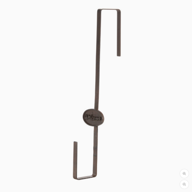 Metallic hook with a brand logo on a white background