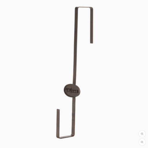 Metallic hook with a brand logo on a white background