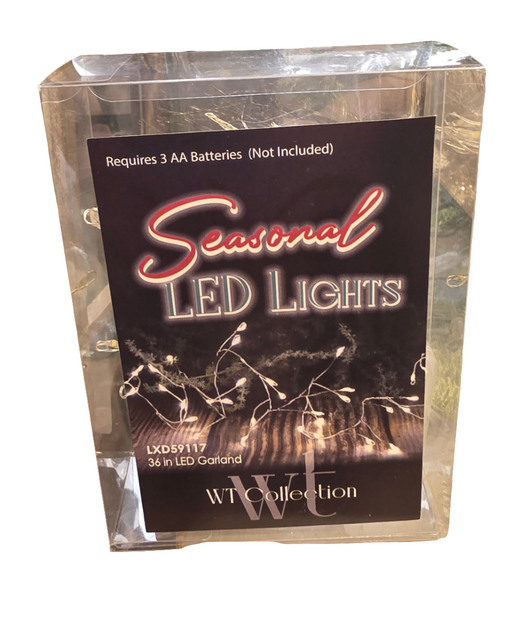Packaged seasonal LED lights with clear plastic wrapping on a white background