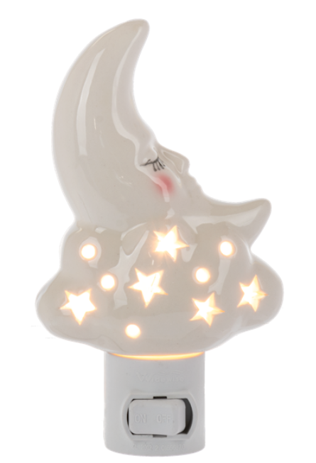Ceramic night light shaped like a crescent moon with star designs on a white background