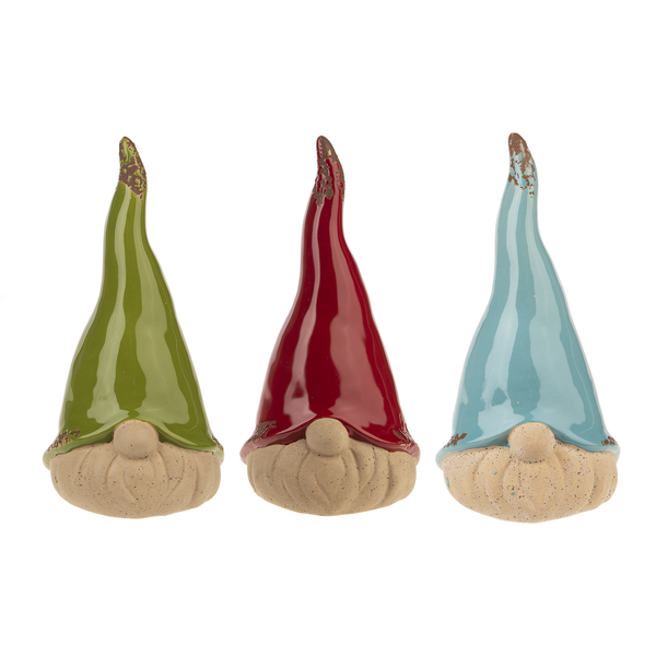Three ceramic garden gnome decorations with pointed hats in olive green, deep red, and light blue, with textured beige beards and tips, shown on a plain white background.