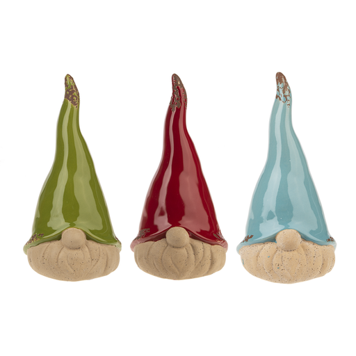 Three ceramic garden gnome decorations with pointed hats in olive green, deep red, and light blue, with textured beige beards and tips, shown on a plain white background.