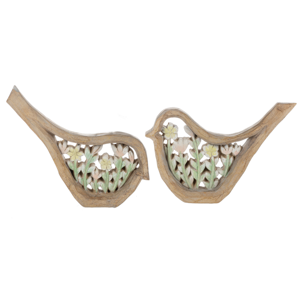 Two decorative bird-shaped wall pieces made of light natural wood, each with floral cutout details in soft green, beige, and pale yellow, shown on a plain white background.