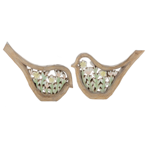 Two decorative bird-shaped wall pieces made of light natural wood, each with floral cutout details in soft green, beige, and pale yellow, shown on a plain white background.