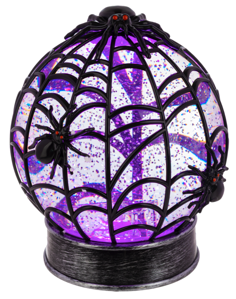 Decorative Halloween lamp with spider web design and purple glitter on a white background
