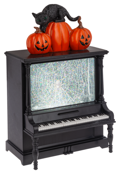 Black piano with Halloween decorations including pumpkins and a cat on top
