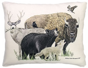 Decorative pillow with illustrations of various animals on a white background