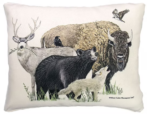 Decorative pillow with illustrations of various animals on a white background