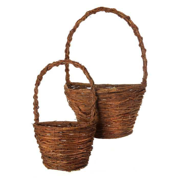 Two woven baskets with handles on a white background