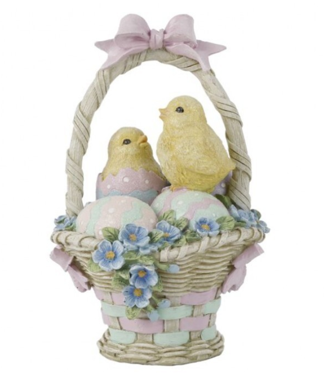 Decorative Easter basket with chicks and eggs on a white background