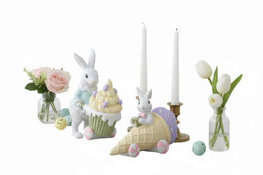 Pastel-colored Easter-themed figurines and decor items on a white background