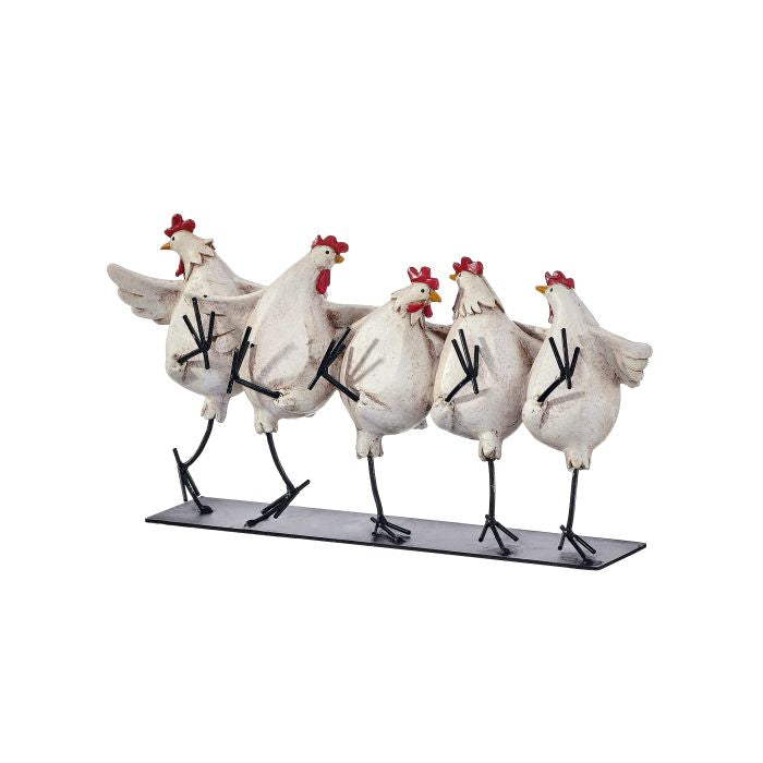 Decorative sculpture of five white chickens on a black base against a white background