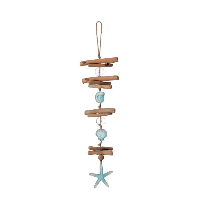 Decorative hanging with wooden sticks, blue beads, and a starfish on a white background