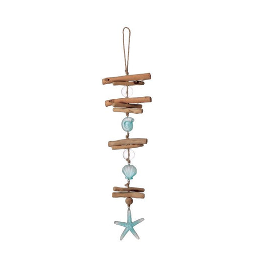 Decorative hanging with wooden sticks, blue beads, and a starfish on a white background