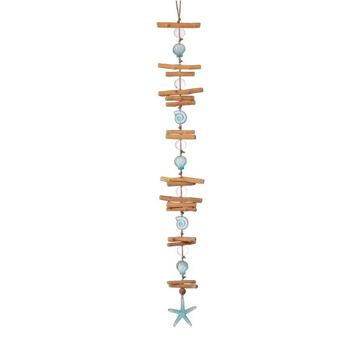 Decorative hanging with wooden planks and blue beads on a white background