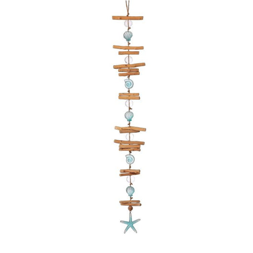 Decorative hanging with wooden planks and blue beads on a white background