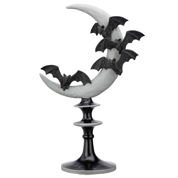 Decorative Halloween figure with bats on a crescent moon and black stand.