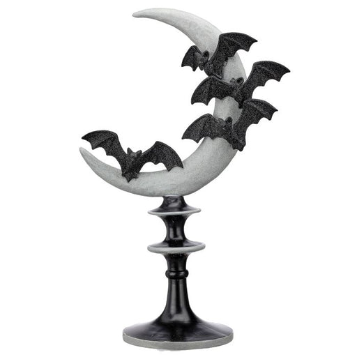 Decorative Halloween figure with bats on a crescent moon and black stand.
